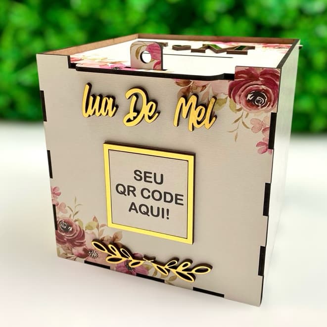 CAIXA PARA CASAMENTO LUA DE MEL FLORIDA PERSONALIZADA COM QRCODE E INICIAS