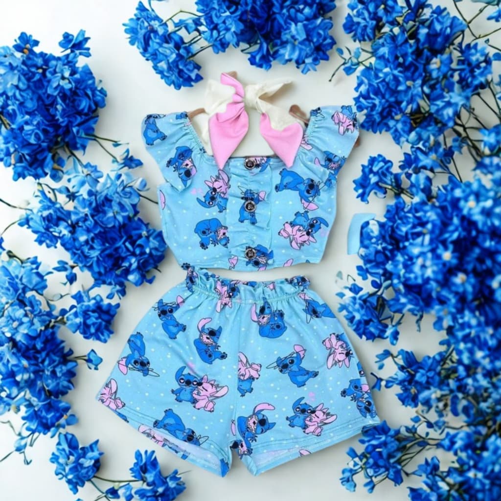 Conjunto Infantil Stitch Tecido Confortável Tamanhos 2 4 6 8 Moda Infantil