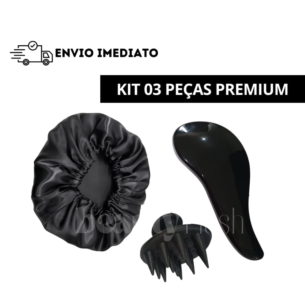 Kit 03 Peças Premium Escova Cabelo Mágica Massageador Silicone e Touca Cetim