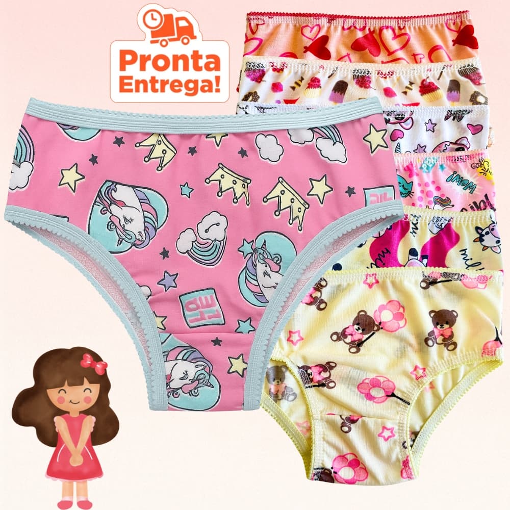Kit 10 Calcinha Infantil com Forro algodão Estampada De 1 a 9 Anos Conforto meninas criança