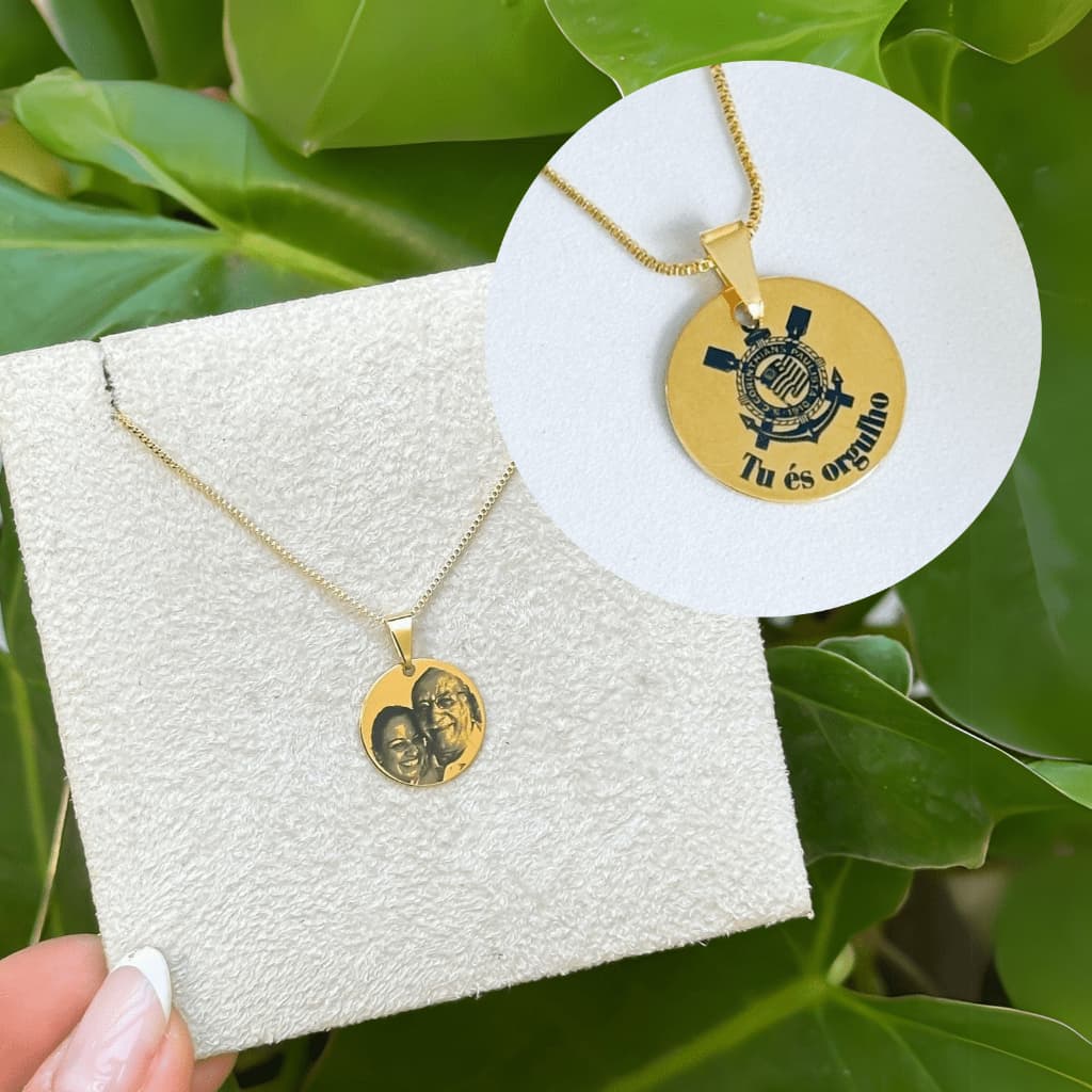 [SEMI JOIA] Colar Masculino Foto Gravação 60cm Cordão Personalizado 17mm Banho Ouro 18k Acessórios