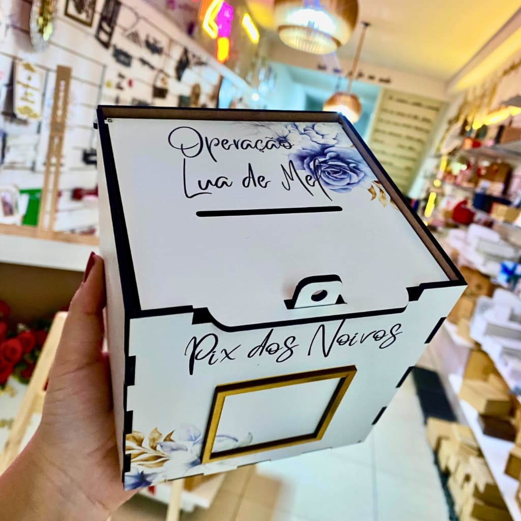 Caixa  Pix Noivos Estampa Azul 13x13 MDF Branco – Caixa para Casamento