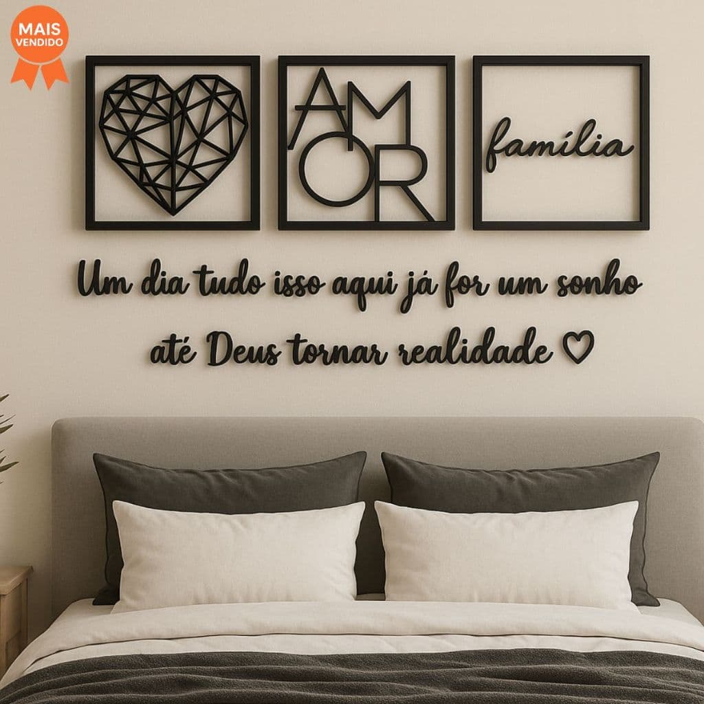 Kit 3 Quadros Cabeceira Família Coração Geométrico Amor + Frase de Parede Variados Sala + 2 Mini aplique coração