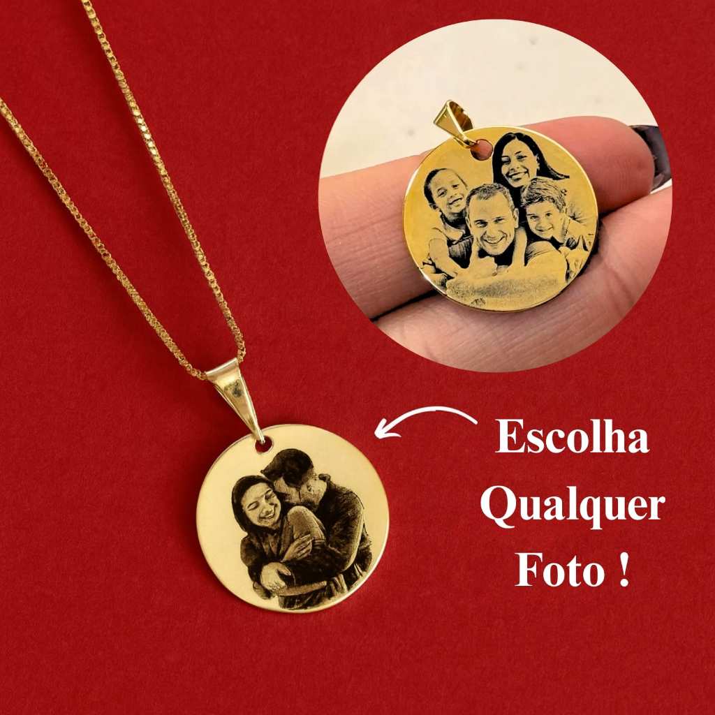 [SEMI JOIA] Colar Personalizado Feminino 17mm Foto Gravação 45cm Banho Ouro 18k Acessórios Femininos