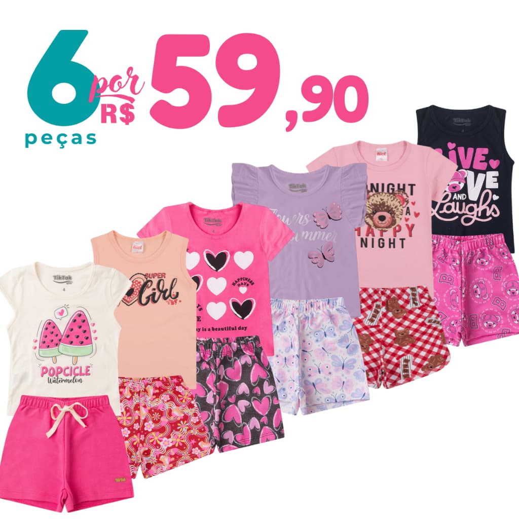 Kit 6 Peças de Roupas Infantil Menina Verão