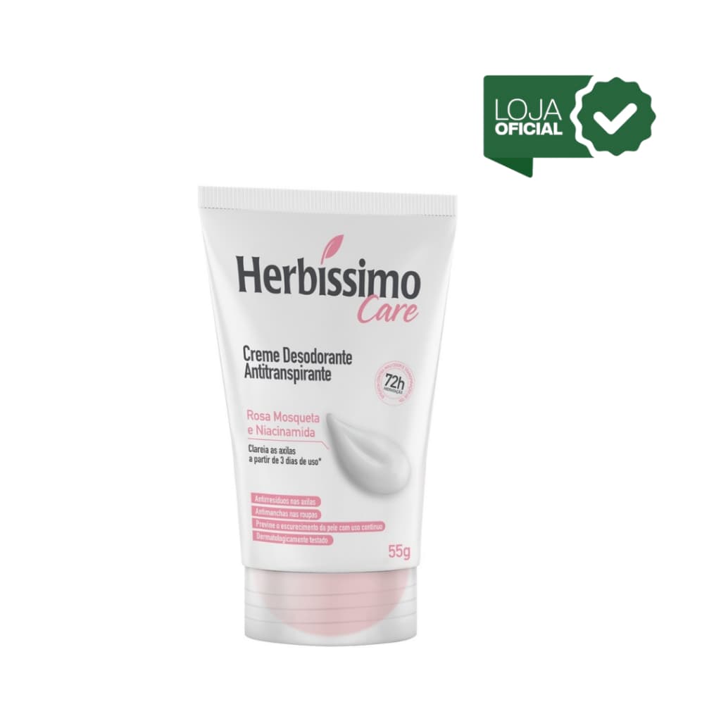 Desodorante Creme Antitranspirante Herbíssimo Bisnaga Rosa Mosqueta e Niacinamida 55g