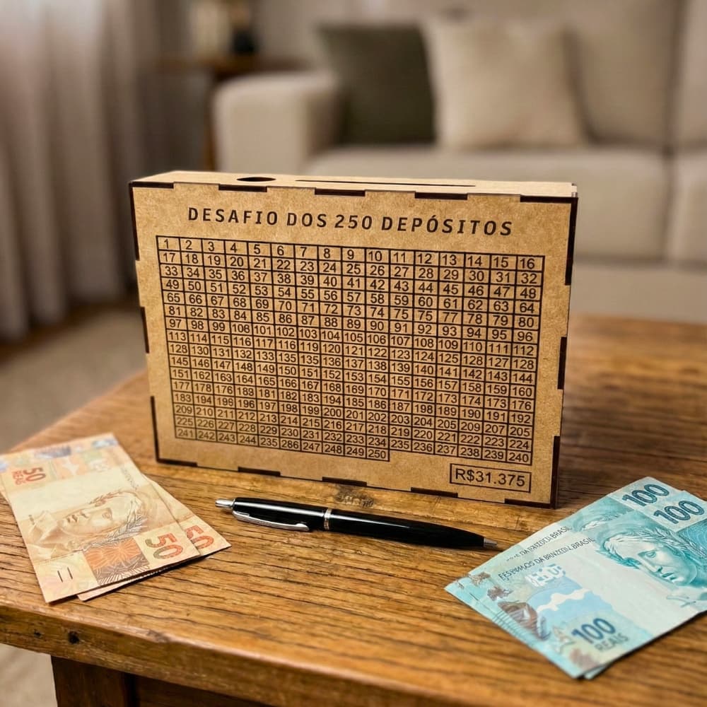 Caixa Cofre Cofrinho desafio 250 Depositos Metas Metodo Japones