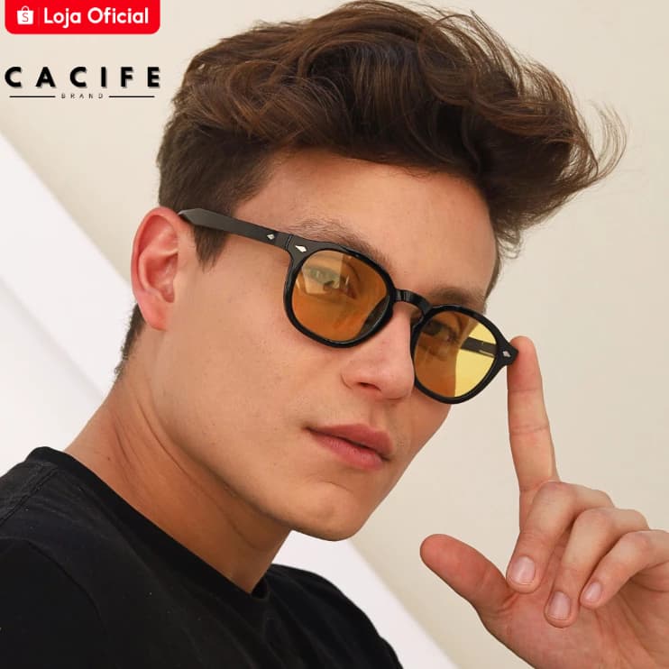 Óculos de Sol Redondo Premium Preto e Amarelo Classico Vintage Tendencia uv400 Masculino Feminino