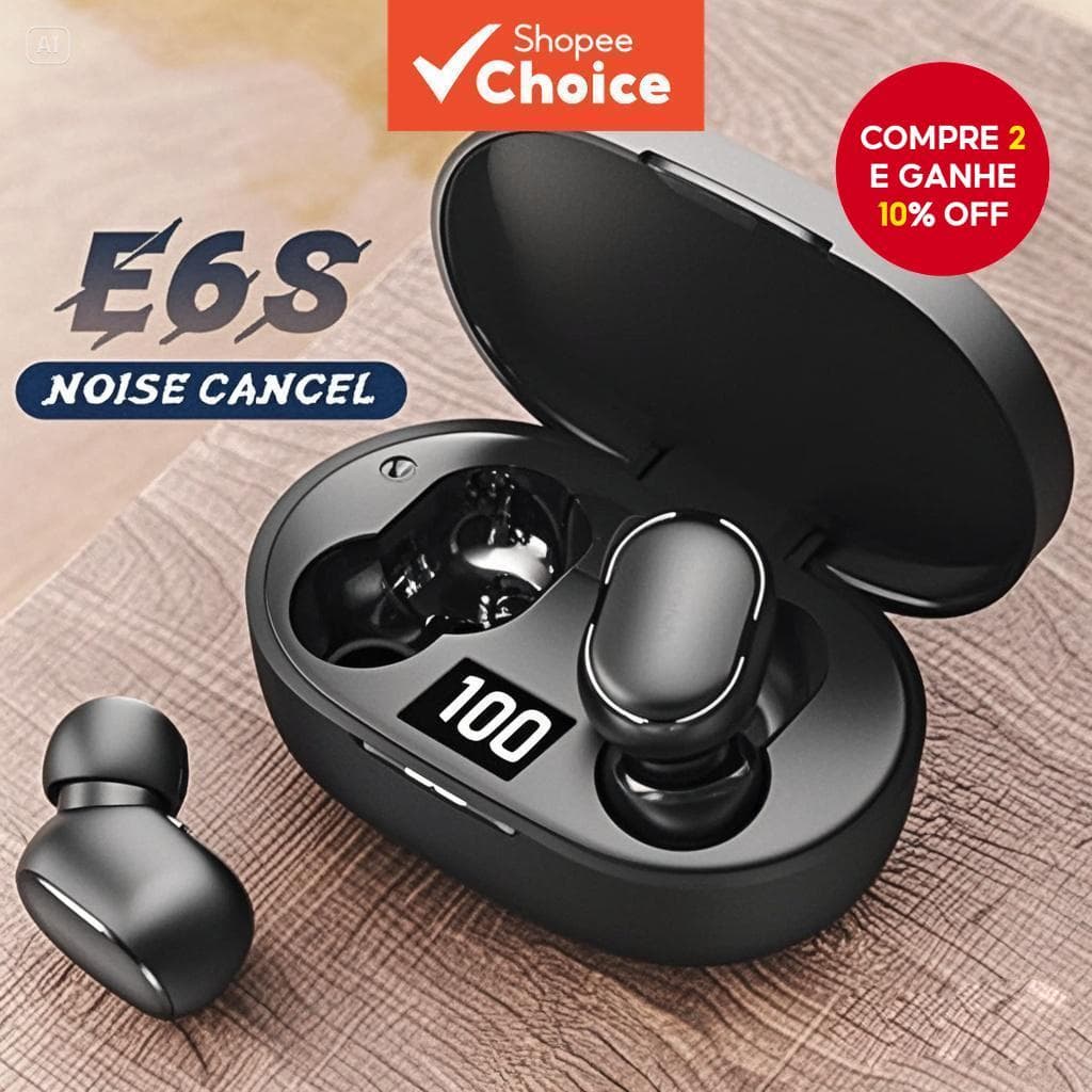 E6S Cor Preta Fones De Ouvido Sem Fio TWS Bluetooth Com Microfone Estéreo Som Cancelamento Ruído LED Display Digital Fon