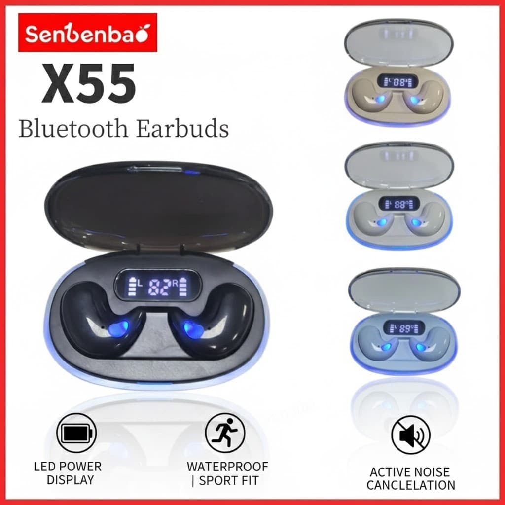 Senbenbao X55 Fones De Ouvido TWS Sleep Fone Sem Fio Bluetooth Display Led Hifi Estéreo Cancelamento De Ruído Esportivo 